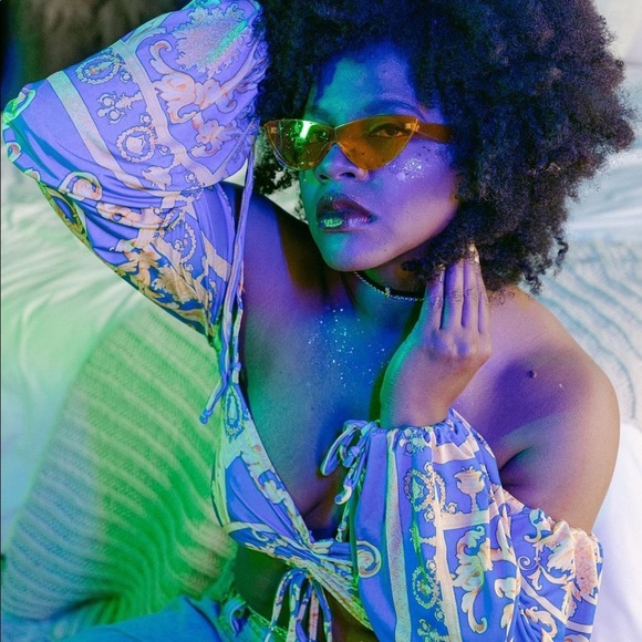 Tops - Handmade blue and yellow print crop top size medium